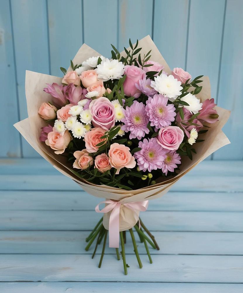 Букет цветов из: Хризантемы, Розы и Альстромерии в Ильинке Астраханской области