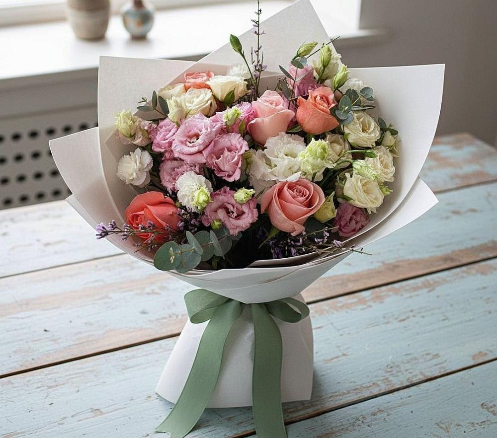 Букет цветов из: Розы, Лизиантусы и Гвоздики в Ильинке Астраханской области