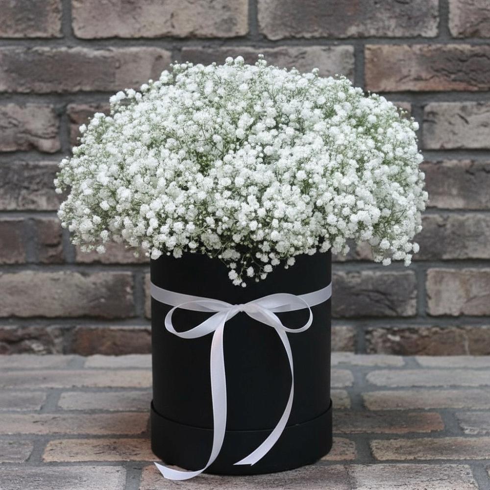 Цветочная композиция из Гипсофила в шляпной коробке в Ильинке Астраханской области