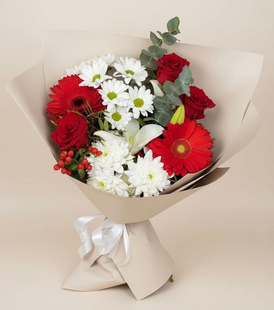 Букет цветов из: Розы, Хризантемы, Герберы и Лилии в Ильинке Астраханской области